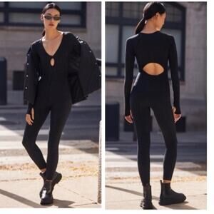NEW Free People Movement Flash Forward Glitter Cut Out Back Jumpsuit  M/L Black